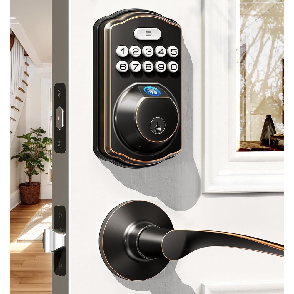 Veise Fingerprint Door Lock w/ 2 Lever Handles Keyless Entry - Oil Rubbed Bronze